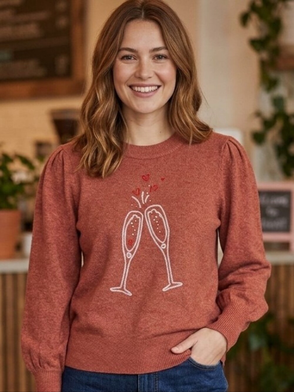 LC Lauren Conrad Women's Pink Sweater Champagne Glasses with Hearts Size XXL